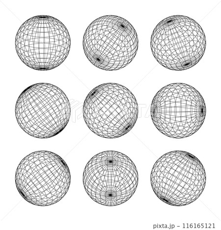 Wireframe shapes, lined sphere. Perspective mesh, 3d grid. Low poly geometric elements. Retro futuristic design elements, y2k, vaporwave and synthwave style. Vector illustration 116165121