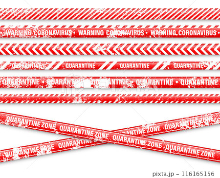 Old grunge quarantine zone warning tape. Novel coronavirus outbreak. Global lockdown. Red coronavirus danger stripe. Police caution line, restricted area. Construction tape. Vector illustration 116165156
