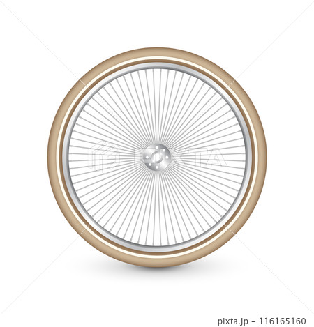Realistic 3d retro bicycle wheel. Bike rubber tire, shiny metal spokes and rim. Fitness cycle, touring, sport, road and mountain bike. Vector illustration Realistic 3d retro bicycle wheel. Bike rubber tire, shiny metal spokes and rim. Fitness cycle, touring, sport, road and mountain bike. Vector illustration 116165160