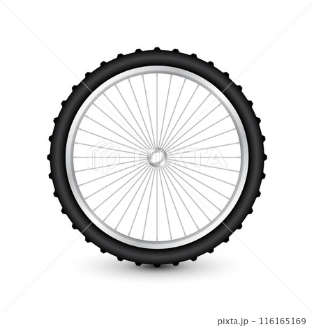 Realistic 3d bicycle wheel. Bike rubber tire, shiny metal spokes and rim. Fitness cycle, touring, sport, road and mountain bike. Vector illustration Realistic 3d bicycle wheel. Bike rubber tire, shiny metal spokes and rim. Fitness cycle, touring, sport, road and mountain bike. Vector illustration 116165169