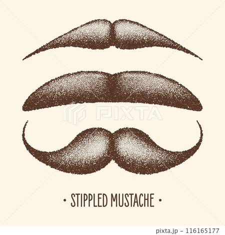 Brown stippled vintage mustache. Curly facial hair. Hipster beard. Stippling, dot drawing and shading, stipple pattern, halftone effect. Vector illustration Brown stippled vintage mustache. Curly facial hair. Hipster beard. Stippling, dot drawing and shading, stipple pattern, halftone effect. Vector illustration 116165177