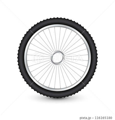 Realistic 3d bicycle wheel. Bike rubber tire, shiny metal spokes and rim. Fitness cycle, touring, sport, road and mountain bike. Vector illustration Realistic 3d bicycle wheel. Bike rubber tire, shiny metal spokes and rim. Fitness cycle, touring, sport, road and mountain bike. Vector illustration 116165180