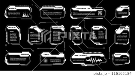 White futuristic HUD, UI elements. Sci-fi user interface text boxes, callouts. Warning message frames, information boxes template. Modern game interface layout in digital style. Vector illustration 116165184