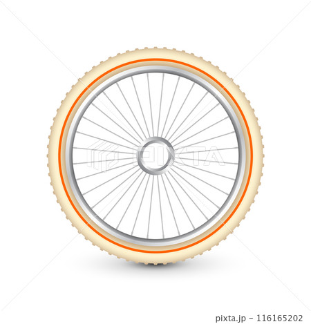 Realistic 3d retro bicycle wheel. Bike rubber tire, shiny metal spokes and rim. Fitness cycle, touring, sport, road and mountain bike. Vector illustration 116165202