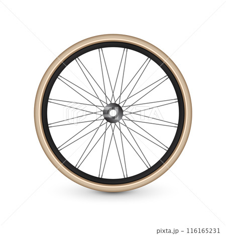 Realistic 3d retro bicycle wheel. Bike rubber tire, shiny metal spokes and rim. Fitness cycle, touring, sport, road and mountain bike. Vector illustration 116165231