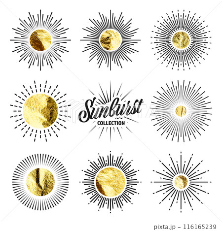 Vintage sunburst, sunset beams. Gold foil, shiny handmade circles. Golden glittering texture, pattern. Hand drawn bursting sun, light rays. Logotype or lettering, retro style. Vector illustration 116165239