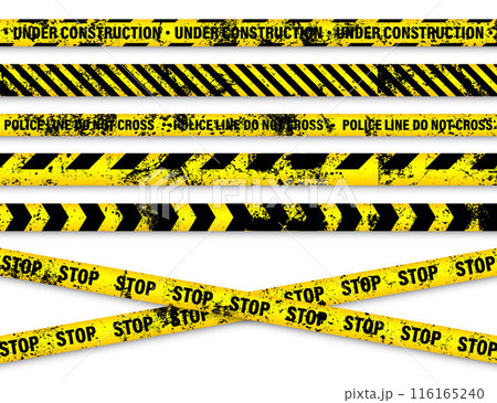 Old grunge barricade construction tape. Yellow police warning line, brightly colored danger or hazard stripe, ribbon. Restricted area, zone. Attention symbol. Vector illustration 116165240