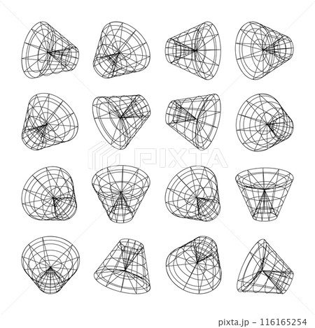 Wireframe lined shapes. Perspective mesh, 3d grid. Low poly geometric elements. Retro futuristic design elements, y2k, vaporwave and synthwave style. Vector illustration 116165254