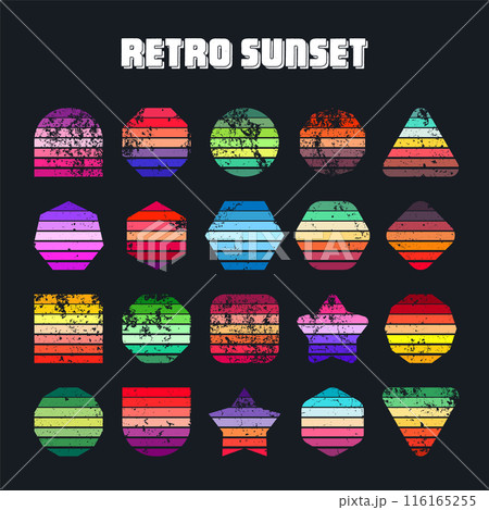 Grunge vintage sunset collection. Various colorful striped sunrise badges in 80s and 90s style. Sun and ocean view, summer vibes, surfing. Design element, print, logo or t-shirt. Vector illustration 116165255