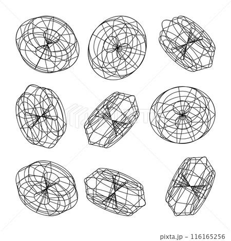 Wireframe lined shapes. Perspective mesh, 3d grid. Low poly geometric elements. Retro futuristic design elements, y2k, vaporwave and synthwave style. Vector illustration 116165256