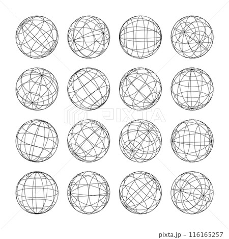 Wireframe shapes, lined sphere. Perspective mesh, 3d grid. Low poly geometric elements. Retro futuristic design elements, y2k, vaporwave and synthwave style. Vector illustration 116165257
