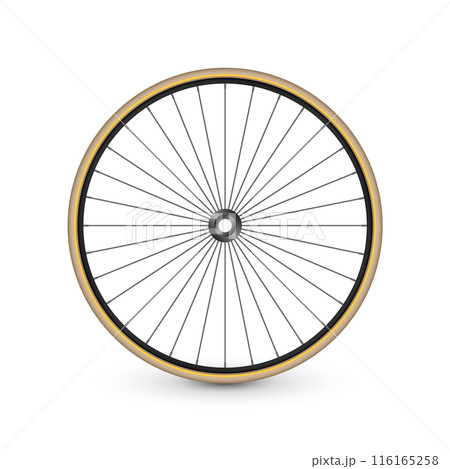 Realistic 3d retro bicycle wheel. Bike rubber tire, shiny metal spokes and rim. Fitness cycle, touring, sport, road and mountain bike. Vector illustration 116165258