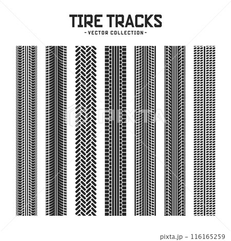 Tire tracks, wheel braking marks. Truck, car or motorcycle tread pattern silhouettes. Auto race, motorsport, speed racing design element. Vector illustration 116165259