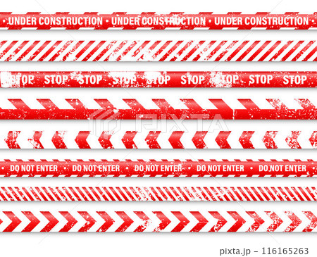 Old grunge barricade construction tape. Red police warning line, brightly colored danger or hazard stripe, ribbon. Restricted area, zone. Attention symbol. Vector illustration Old grunge barricade construction tape. Red police warning line, brightly colored danger or hazard stripe, ribbon. Restricted area, zone. Attention symbol. Vector illustration 116165263