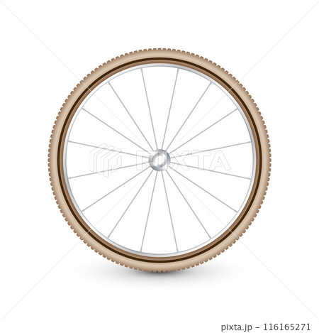 Realistic 3d retro bicycle wheel. Bike rubber tire, shiny metal spokes and rim. Fitness cycle, touring, sport, road and mountain bike. Vector illustration 116165271