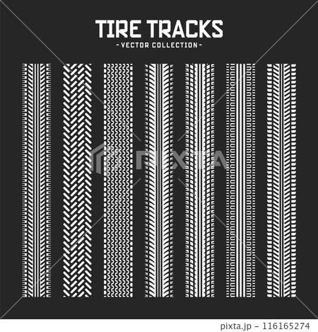 Tire tracks, wheel braking marks. Truck, car or motorcycle tread pattern silhouettes. Auto race, motorsport, speed racing design element. Vector illustration 116165274