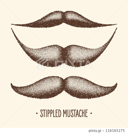 Brown stippled vintage mustache. Curly facial hair. Hipster beard. Stippling, dot drawing and shading, stipple pattern, halftone effect. Vector illustration 116165275
