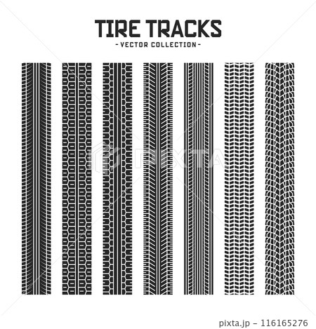 Tire tracks, wheel braking marks. Truck, car or motorcycle tread pattern silhouettes. Auto race, motorsport, speed racing design element. Vector illustration 116165276