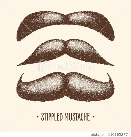 Brown stippled vintage mustache. Curly facial hair. Hipster beard. Stippling, dot drawing and shading, stipple pattern, halftone effect. Vector illustration 116165277