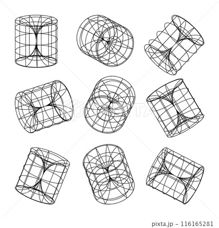 Wireframe lined shapes. Perspective mesh, 3d grid. Low poly geometric elements. Retro futuristic design elements, y2k, vaporwave and synthwave style. Vector illustration 116165281