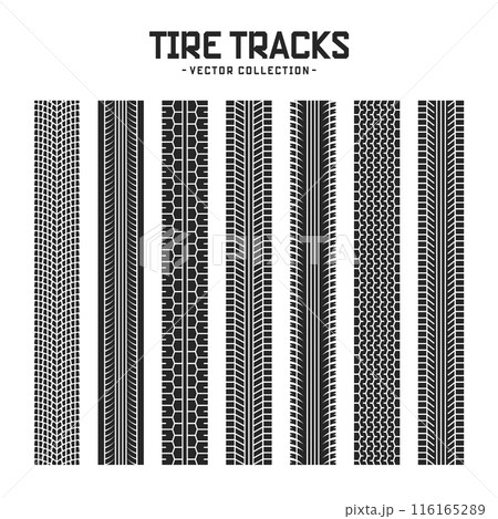 Tire tracks, wheel braking marks. Truck, car or motorcycle tread pattern silhouettes. Auto race, motorsport, speed racing design element. Vector illustration 116165289