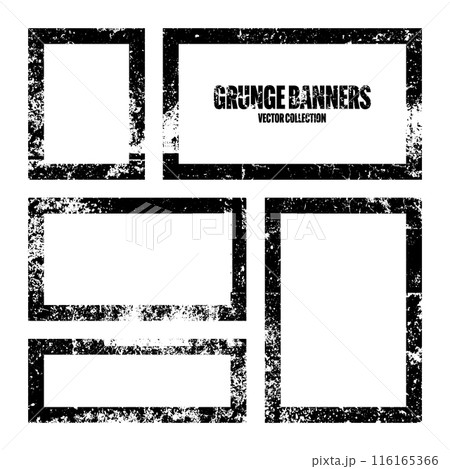 Grunge square frames, banners with stains and scratches. Brush stroke, rectangular shape design element. Distressed dirty text frame, border. Paintbrush, ink stains. Vector illustration 116165366