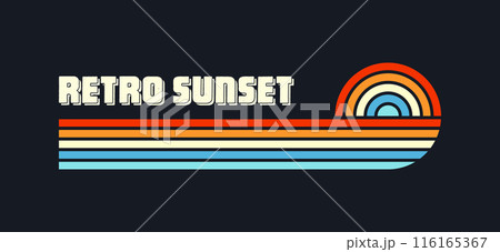 Vintage sunset collection. Various colorful striped sunrise badges in 80s and 90s style. Sun and ocean view, summer vibes, surfing. Design element for print, logo or t-shirt. Vector illustration 116165367
