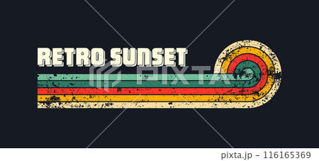 Grunge horizontal vintage sunsets. Various colorful striped sunrise badges in 80s and 90s style. Sun and ocean view, summer vibes, surfing. Design element, print, logo or t-shirt. Vector illustration 116165369