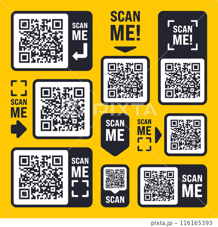 Scan me QR code sticker with text. Online payment. Special offer sale stickers, shopping discount label, promotional badge. Product serial number. Supermarket retail price tag. Vector illustration 116165393