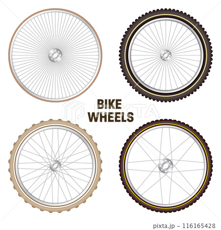 Realistic 3d retro bicycle wheels. Vintage bike rubber tyres, shiny metal spokes and rims. Fitness cycle, touring, sport, road and mountain bike. Vector illustration Realistic 3d retro bicycle wheels. Vintage bike rubber tyres, shiny metal spokes and rims. Fitness cycle, touring, sport, road and mountain bike. Vector illustration 116165428