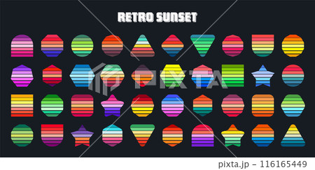 Vintage sunset collection. Various colorful striped sunrise badges in 80s and 90s style. Sun and ocean view, summer vibes, surfing. Design element for print, logo or t-shirt. Vector illustration 116165449