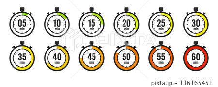 Stopwatch icons. Colorful simple chronometer, time counter with dial. Countdown timer showing hours and minutes. Deadline, measurement for sport. Cooking time label, sticker. Vector illustration 116165451