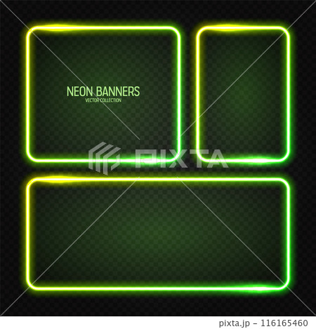 Glowing neon banners, illuminated colorful square frames. Shiny vibrant border, glow effect. Green vintage retro lights, night illumination. Modern futuristic UI design elements. Vector illustration 116165460