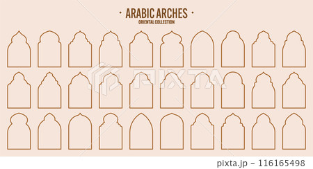 Islamic frames, oriental style objects. Arabic shapes, windows and arches. Traditional ornamental banner, frame. Muslim holidays, Ramadan Kareem. Modern eastern architecture. Vector illustration 116165498