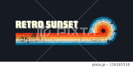 Grunge horizontal vintage sunsets. Various colorful striped sunrise badges in 80s and 90s style. Sun and ocean view, summer vibes, surfing. Design element, print, logo or t-shirt. Vector illustration 116165518