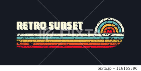 Grunge horizontal vintage sunsets. Various colorful striped sunrise badges in 80s and 90s style. Sun and ocean view, summer vibes, surfing. Design element, print, logo or t-shirt. Vector illustration Grunge horizontal vintage sunsets. Various colorful striped sunrise badges in 80s and 90s style. Sun and ocean view, summer vibes, surfing. Design element, print, logo or t-shirt. Vector illustration 116165590