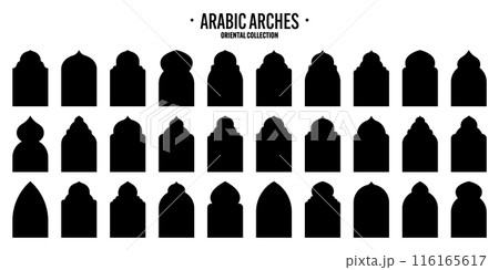 Islamic frames, oriental style objects. Arabic shapes, windows and arches. Traditional ornamental banner, frame. Muslim holidays, Ramadan Kareem. Modern eastern architecture. Vector illustration 116165617