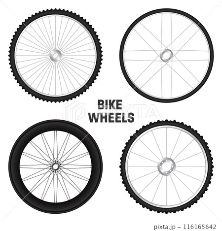 Realistic 3d bicycle wheels. Bike rubber tyres, shiny metal spokes and rims. Fitness cycle, touring, sport, road and mountain bike. Vector illustration Realistic 3d bicycle wheels. Bike rubber tyres, shiny metal spokes and rims. Fitness cycle, touring, sport, road and mountain bike. Vector illustration 116165642
