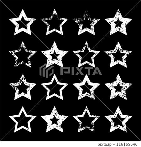 Vintage stars with cracks and stains. Old hand-drawn sign, white simple shape. Retro design element with distressed effect, grunge texture. Vector illustration Vintage stars with cracks and stains. Old hand-drawn sign, white simple shape. Retro design element with distressed effect, grunge texture. Vector illustration 116165646