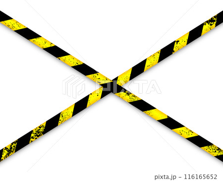 Old grunge barricade construction tape. Yellow police warning line, brightly colored danger or hazard stripe, ribbon. Restricted area, zone. Attention symbol. Vector illustration 116165652