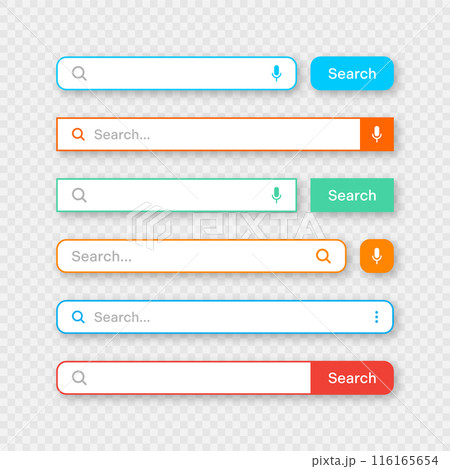 Colorful search bar templates. Internet browser engine with search box, address bar and text field. UI design, website interface element with web icons and push button. Vector illustration 116165654