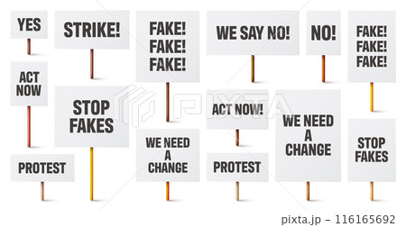Blank white protest signs with text slogans on wooden holder. Various realistic vector demonstration banners. Strike action cardboard placard mockup. Social advertisement. Vector illustration 116165692