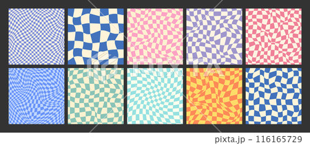 Groovy checkered pattern, colorful distorted tiled grid. Vintage wavy curved backdrop, distortion effect. Funky geometric chessboard texture, retro background in 90s style, y2k. Vector illustration Groovy checkered pattern, colorful distorted tiled grid. Vintage wavy curved backdrop, distortion effect. Funky geometric chessboard texture, retro background in 90s style, y2k. Vector illustration 116165729