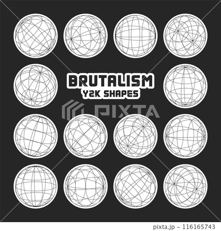 Wireframe shapes, lined sphere. Perspective mesh, 3d grid. Modern trendy low poly geometric elements. Retro futuristic design elements, y2k, vaporwave and synthwave style. Vector illustration 116165743