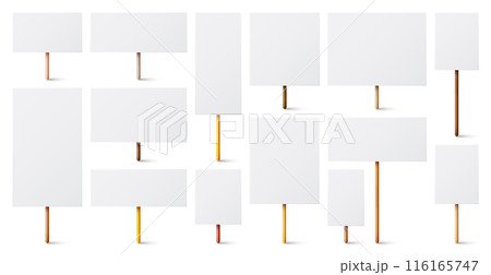 Blank white protest sign with wooden holder. Various realistic vector demonstration banners. Strike action cardboard placard mockup. Social advertisement. Vector illustration 116165747