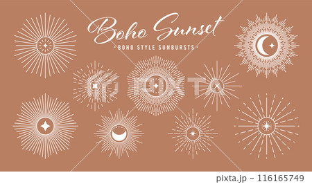 Vintage sunburst, sunset beams collection. Boho style, modern minimalist bohemian design. Hand drawn bursting sun, light rays. Logotype or lettering design element in retro style. Vector illustration Vintage sunburst, sunset beams collection. Boho style, modern minimalist bohemian design. Hand drawn bursting sun, light rays. Logotype or lettering design element in retro style. Vector illustration 116165749