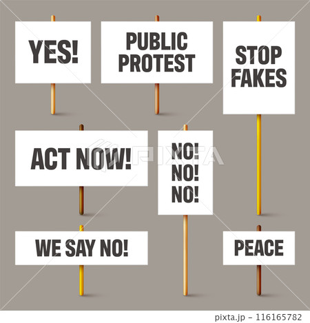 Blank white protest signs with text slogans on wooden holder. Various realistic vector demonstration banners. Strike action cardboard placard mockup. Social advertisement. Vector illustration Blank white protest signs with text slogans on wooden holder. Various realistic vector demonstration banners. Strike action cardboard placard mockup. Social advertisement. Vector illustration 116165782