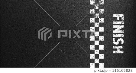 Asphalt road with white finish line marking, concrete highway surface, texture. Street traffic lane, road dividing strip. Pattern with grainy structure, grunge stone background. Vector illustration Asphalt road with white finish line marking, concrete highway surface, texture. Street traffic lane, road dividing strip. Pattern with grainy structure, grunge stone background. Vector illustration 116165828
