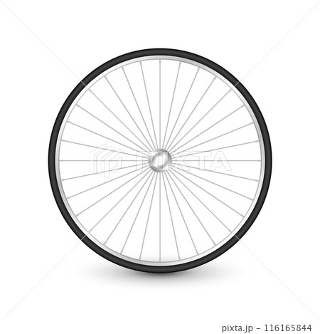 Realistic 3d bicycle wheel. Bike rubber tire, shiny metal spokes and rim. Fitness cycle, touring, sport, road and mountain bike. Vector illustration 116165844