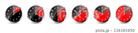 Wall clock, stopwatch icons. Shiny metal chronometer, time counter with dial. Red countdown timer showing minutes and seconds. Time measurement for sport, start and finish. Vector illustration 116165850